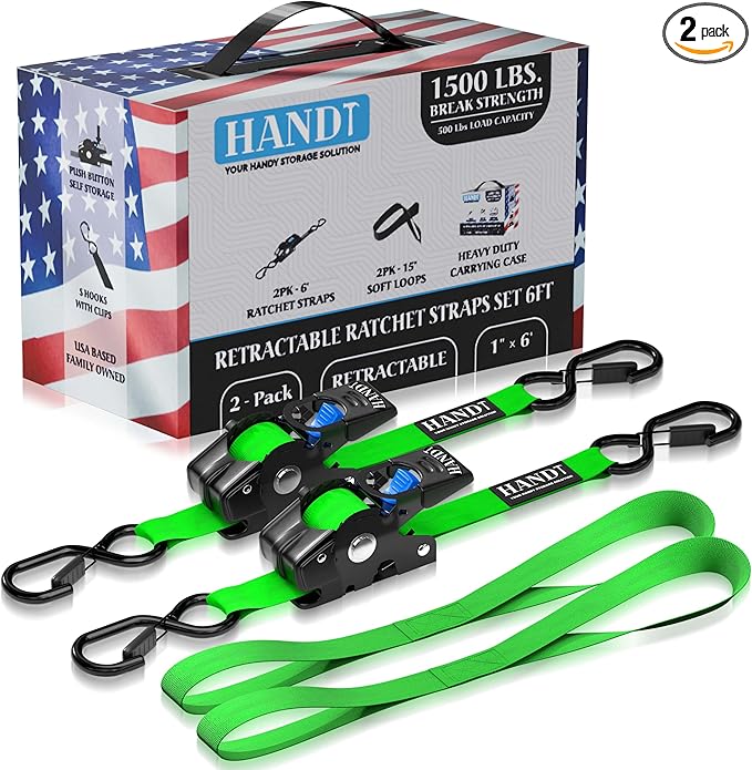 HandT USA Based Retractable Ratchet Straps (2PK) 1in x 6ft - 1,500lb Break Strength, Heavy Duty Automatic Ratchet Straps Self Retractable Tie Down, Push Button Retracting Truck Trailer Cargo | Green