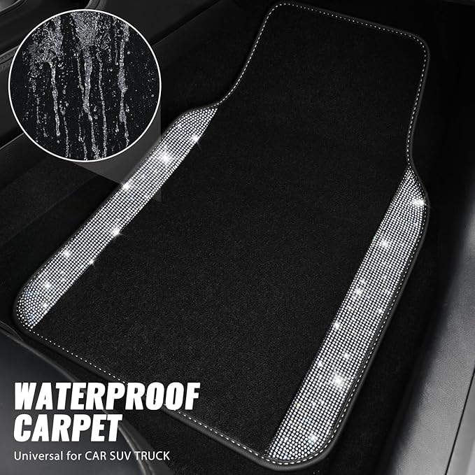CAR PASS Bling Diamond Leather Steering Wheel Cover 14.5in-15in Floor Mats Shining Rhinestone Carpet Sparkly Glitter Crystal Anti-Slip Pad Fit Automotive SUV Pickup Truck Girl Women, 5pcs Black Sliver