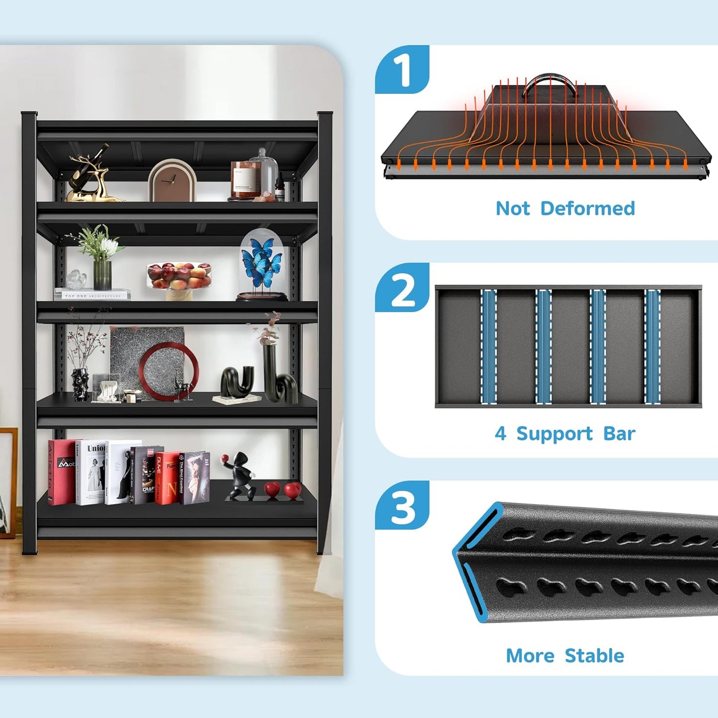 3000LBS Garage Storage Shelves Heavy Duty, 48" W x 24" D x 78" H,5-Tier Garage Shelving Heavy Duty, Industrial Metal Shelving Units for Garage, Basement,Fish Tank,Black