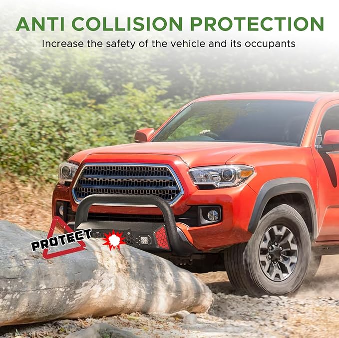 Bull Bar Fit for Toyota Tacoma 3rd gen 2016 2017 2018 2019 2020 2021 2022 2023 with LED Light & w/License Plate Bracket DIY Paintable Front Bumper Brush Push Bar Grille Guard Protector