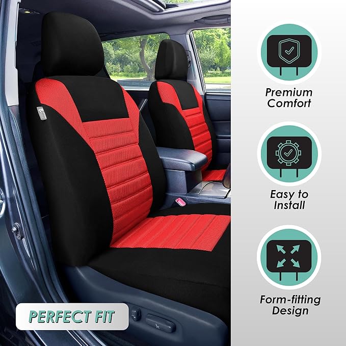FH Group Automotive Car Seat Covers Full Set Premium 3D Air Mesh Front Seat Covers, Airbag Compatible & Split Bench Cover Universal Fit Interior Accessories for Cars Trucks and SUVs - Red