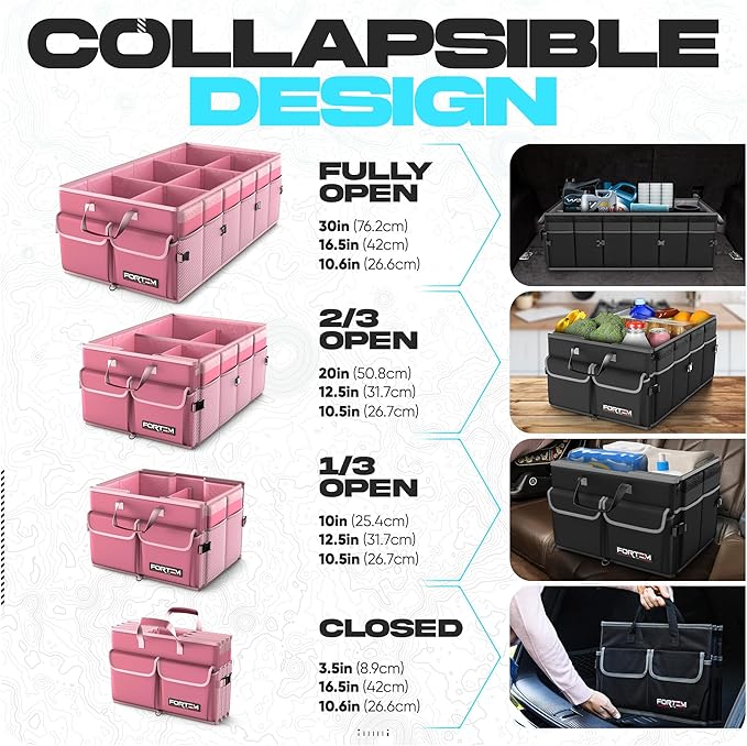 FORTEM Car Trunk Organizer, Collapsible Multi Compartment SUV Organizer, Foldable Storage for Car Accessories for Women Men, 600D Oxford, Non Slip Bottom, Securing Straps, Soft Cover (85L)