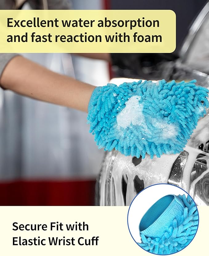 MR.SIGA Premium Microfiber Soft Chenille Car Wash Mitt, Pack of 2, Blue & Yellow