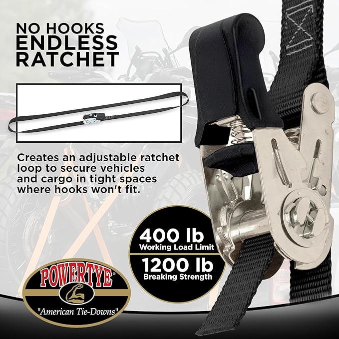 PowerTye - Endless Ratchet Strap - 1in x 4ft Easy Grip (Hookless), Tie Down Strap w/ 400 lb. Working Load Limit / 1,200 lb. Break Strength, Ideal for Motorcycle, Truck Beds, & Cargos, Orange 2-Pack