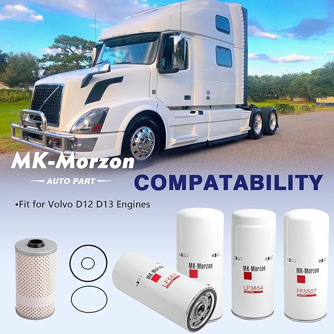 LF667(X2) LF3654 FF5507 FF5369 Fuel Oil Filter Kit Compatible with Volvo D12 D13 Oil Change Kit Replaces# 20972293 21707133 21707132