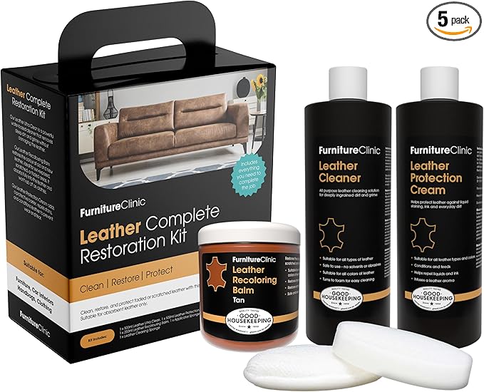 Furniture Clinic Leather Complete Restoration Kit | with Leather Recoloring Balm, Cleaner, 2-in-1 Protection Cream & Conditioner, Sponge, and Cloth | Repair Kit for Furniture (Tan)