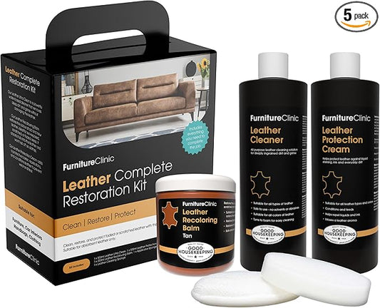 Furniture Clinic Leather Complete Restoration Kit | with Leather Recoloring Balm, Cleaner, 2-in-1 Protection Cream & Conditioner, Sponge, and Cloth | Repair Kit for Furniture (Tan)