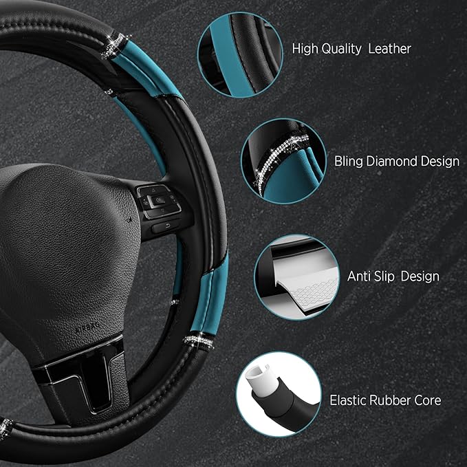 Road Comforts Leather Steering Wheel Cover - Made with PVC Leather - Anti-Slip, Universal Fit 14 1/2 inches to 15 inches - Dark Blue