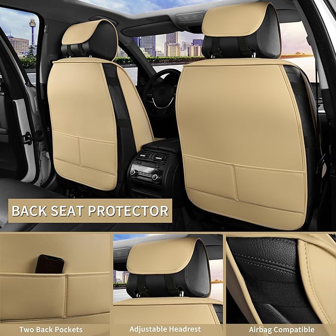 Car Seat Covers 5 Seats Full Set, Waterproof Napa Leather Automotive Seat Protector for Cars SUV Truck Sedan, Universal Anti-Slip Car Seat Cushion Interior Accessories, Beige