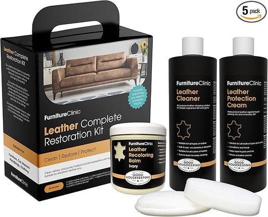 Furniture Clinic Leather Complete Restoration Kit | with Leather Recoloring Balm, Cleaner, 2-in-1 Protection Cream & Conditioner, Sponge, and Cloth | Repair Kit for Furniture (Ivory)