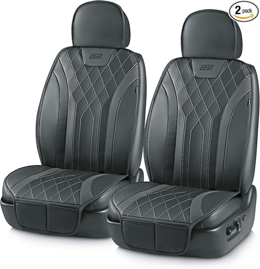 Skechers MAX Cushioning Car Seat Covers,Memory Foam Leather Car Seat Protectors, Airbag Safe Waterproof Sideless Front Seat Covers with Storage Pocket,Universal Fit for Cars Trucks SUV, Black 2PCS