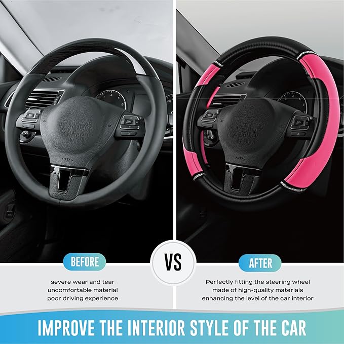 Road Comforts Leather Steering Wheel Cover - Made with PVC Leather - Anti-Slip, Universal Fit 14 1/2 inches to 15 inches - Hot Pink