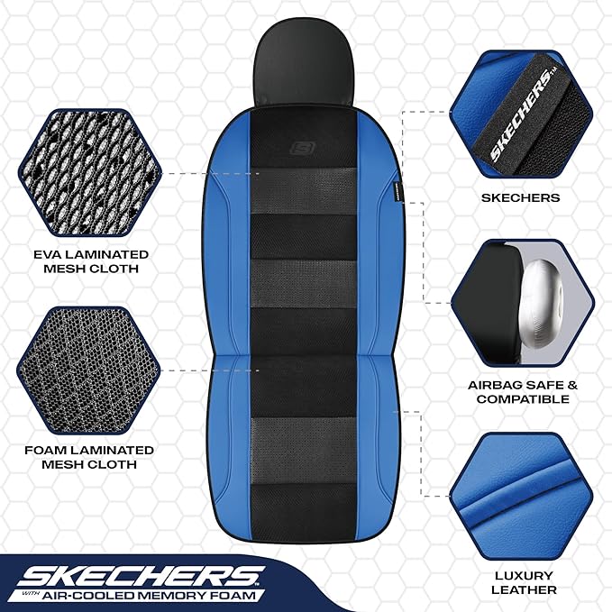 Skechers Aircooled & Memory Foam Car Seat Covers,Premium Leather with EVA Mesh Seat Covers, Front car seat Protector, Airbag Compatible, Automotive Comfort for Most Cars, Vans, Trucks, SUV,Blue