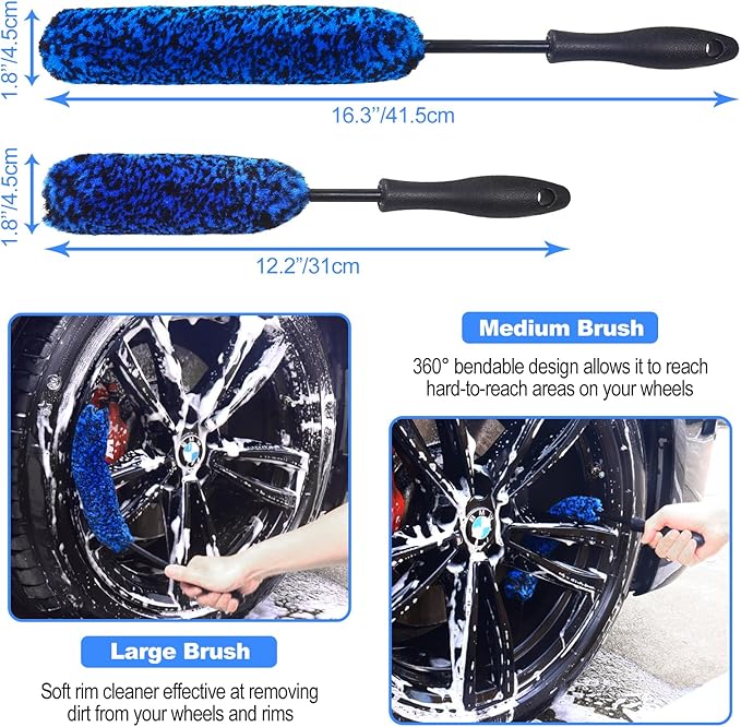 NIKCOSMK 3PCS Wheel Brush Kit for Cleaning Wheel and Tire, Wheel and Rim Brush, Car Detailing Brushes, Bendable & Durable Car Wheel Rim Cleaner Brush Set,Car Detailing Cleaning Brush Supplies Kit