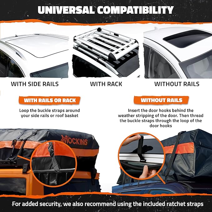 Mockins 30 Cu.Ft. All-Weather Rooftop Cargo Carrier Bag | 60"x43"x20" Soft-Shell Vinyl Roof Cargo Bag for Top of Car, SUV, Truck & Large Vehicles with Accessories | Car Top Carrier Without Roof Rack