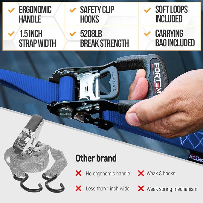FORTEM Ratchet Tie Down Straps, 5208lb Break Strength, 4 Pack 10ft x 1.5in Heavy Duty Straps, 4 Soft Loops, Cam Buckles for Motorcycles, Safety Lock S Hooks, Carry Bag