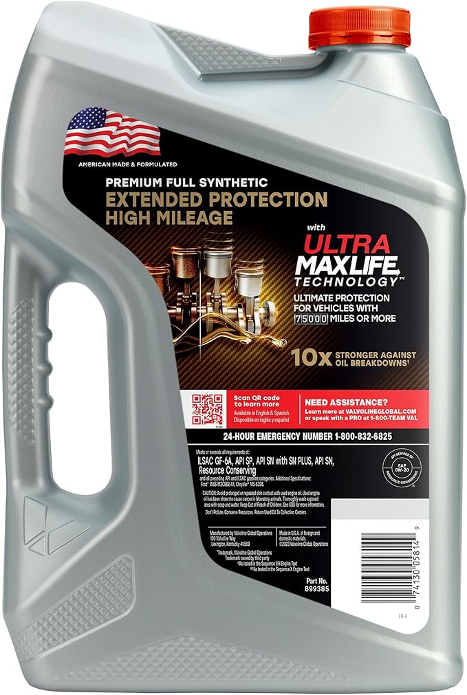 Valvoline Extended Protection High Mileage with Ultra MaxLife Technology 0W-20 Full Synthetic Motor Oil 5 Quart