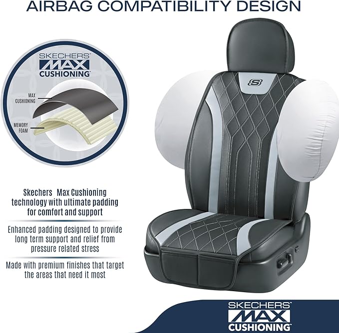 Skechers MAX Cushioning Car Seat Covers,Memory Foam Leather Car Seat Protectors, Airbag Safe Waterproof Sideless Front Seat Covers with Storage Pocket,Universal Fit for Cars Trucks SUV, Gray 2PCS