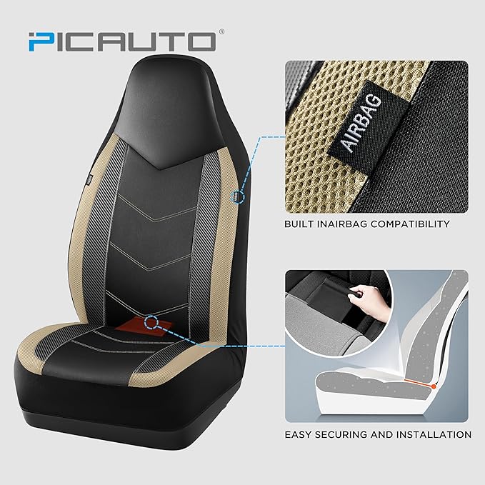 PIC AUTO Leather Car Seat Covers, Sports Carbon Fiber & Mesh Design, High-Back Two Front Set, Waterproof Automotive Seat Covers, Airbag Compatible, Universal Fit for Most Cars (Black & Beige)