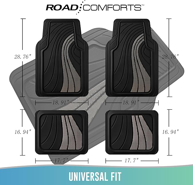 Road Comforts Car Floor Mats Full Set – Front & Rear Car Floor Mats with Aluminum Design, Anti-Slip Backing, All-Weather Protection, Trim-to-Fit Car Mats for Most Sedans, SUVs & Vans - Light Grey