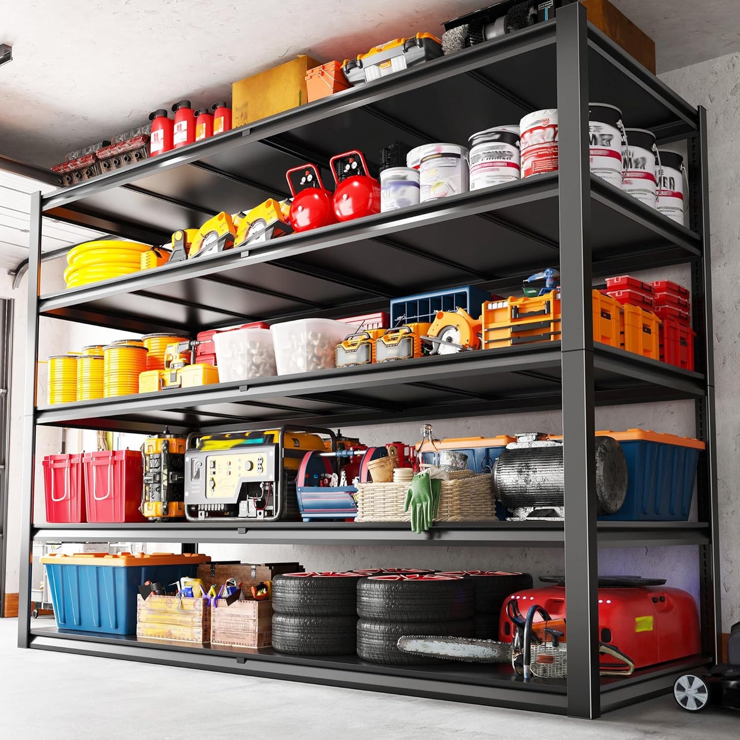 REIBII 78" H Garage Shelving, Storage Shelves Heavy Duty Load 3000LBS, Adjustable Heavy Duty Shelving, 5 Tier Metal Shelving Unit for Storage Rack, Basement, 55" W x 26" D x 78" H, Black