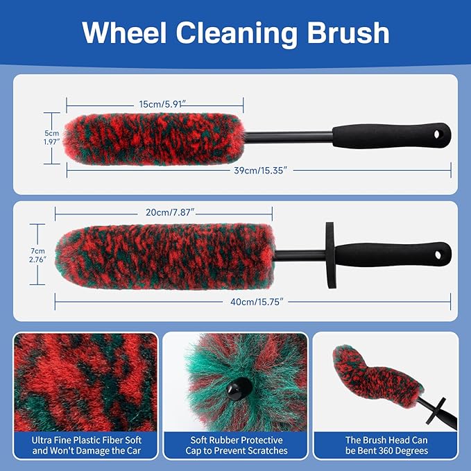 5 Pack Car Wheel and Tire Cleaner Brushes Kit Auto Motorcycle Rim Ultra Soft Microfiber Bendable No Spatter Woolies Bristle Cleaning Set (Red & Green)