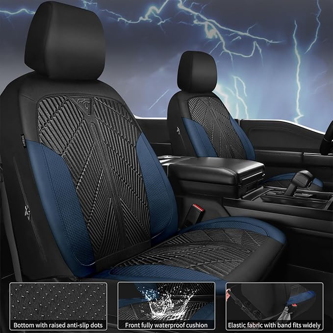 CAR PASS Waterproof Black Blue Car Seat Covers Front Seat Covers Neoprene Wetsuit,All-Weather Non-Slip Durable,Universal Fit for SUV Trucks Automotive,Armrest Airbag Compatible,Emboss Black Blue