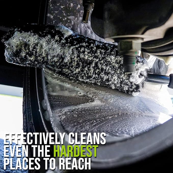 ExoForma Bendable Brush Set - Unique Adjustable 2-Piece Wheel Brush Set Cleans Behind Wheels - Tough Yet Gentle Wool Fiber + No-Scratch Rubber Tip Safe for All Wheel Types - Comfy Ergonomic Grip