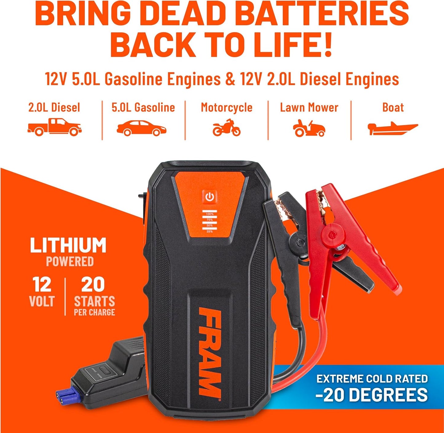 FRAM FEK40008 Car Battery Jump Starter 12000mAh (44.4Wh) Up to 5.0L Gas and 2.0L Diesel Engines, 12V Emergency Car Booster with Jumper Cables, Portable Power Bank and LED Flashlight