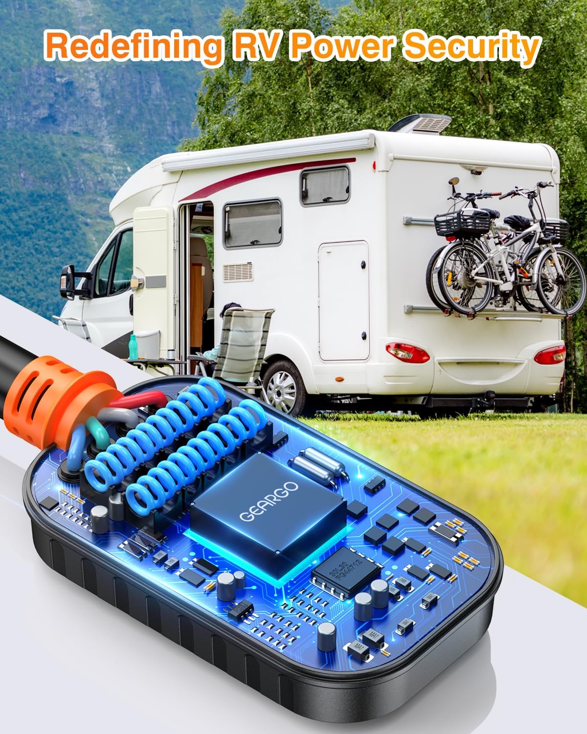 GEARGO RV Surge Protector 50 Amp, Latest 18000J Surge Protection RV Circuit Analyzer, RV Adapter Plug for Camper with Waterpoof Cover, Plug and Play（Orange）