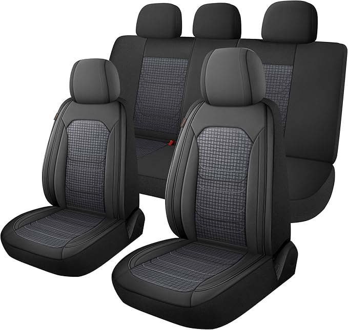 CAROMOP Premium PU Leather&Flannel Car Seat Covers Full Seats,Split Bench Compatible Car Interior Covers, Universal Fit Most Car Sedan Truck SUV(5-Seat Black/Grey)