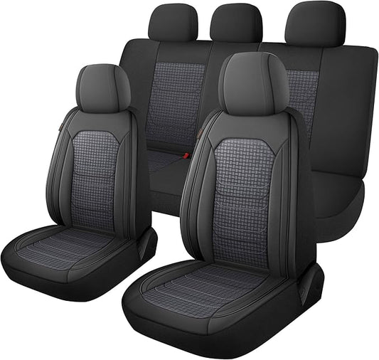 CAROMOP Premium PU Leather&Flannel Car Seat Covers Full Seats,Split Bench Compatible Car Interior Covers, Universal Fit Most Car Sedan Truck SUV(5-Seat Black/Grey)