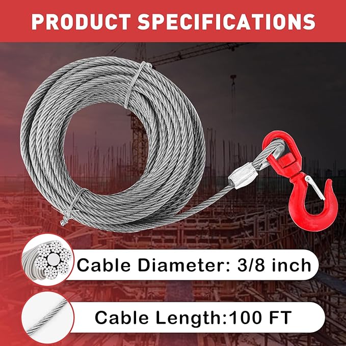 Steel Winch Cable,3/8" x 100' Wire Rope with Swivel Hook,17637 Lbs Breaking Strength,6x19 Strand Core Steel Towing Cable for Tow Truck,Crane,Wrecker