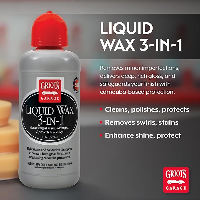 Griots Garage Liquid Wax 3-In-1 for Car Polishing and Detailing, High Gloss Shine and Carnauba-Based Protection for Auto Paint, 11013, 16oz