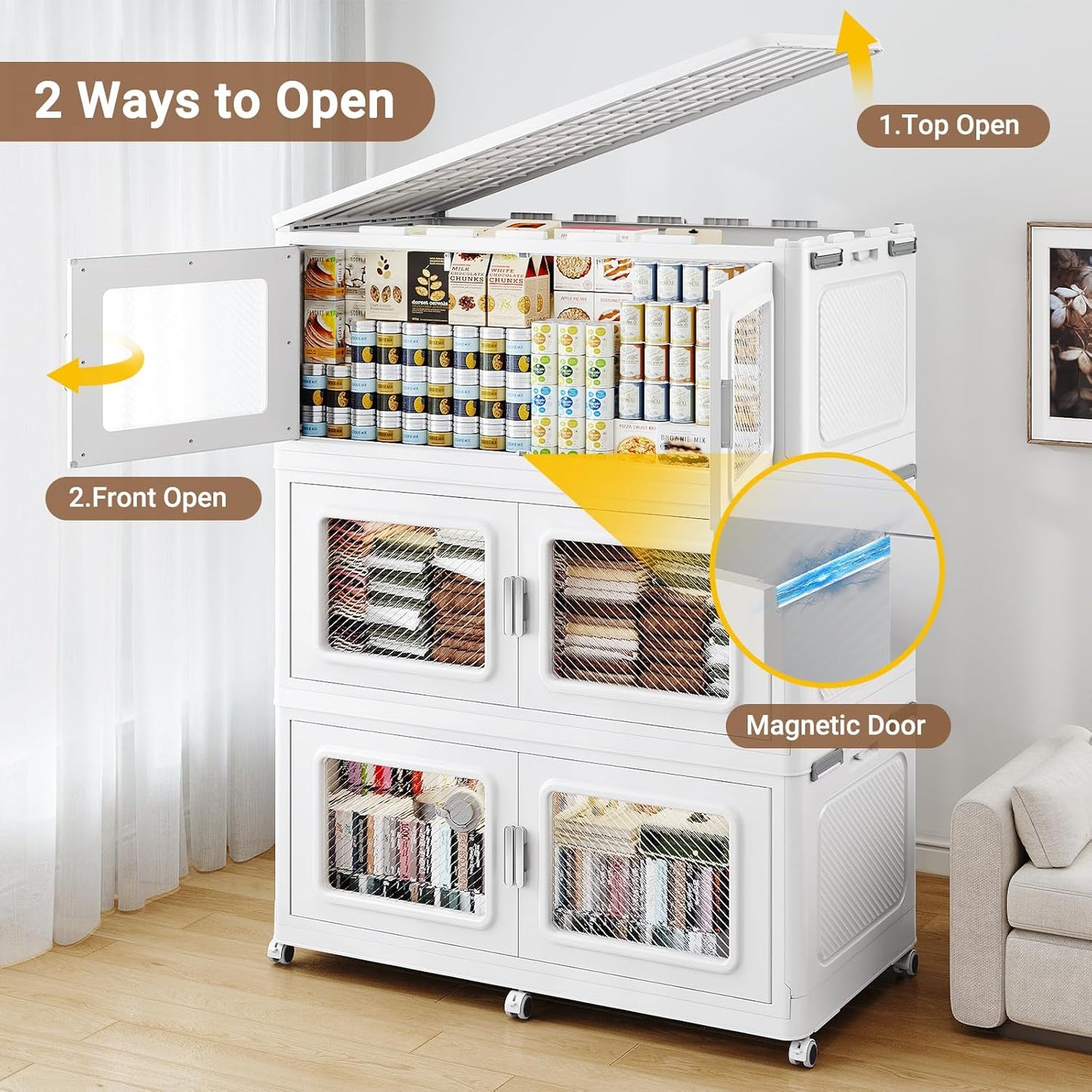 900 Qt Stackable Storage Bin with Lid, 225Gal Extra Large Collapsible Storage Boxes, Folding Plastic Drawer, Heavy-Duty Store Cabinet, Closet Organizer for Home Kitchen, 3 Pack White