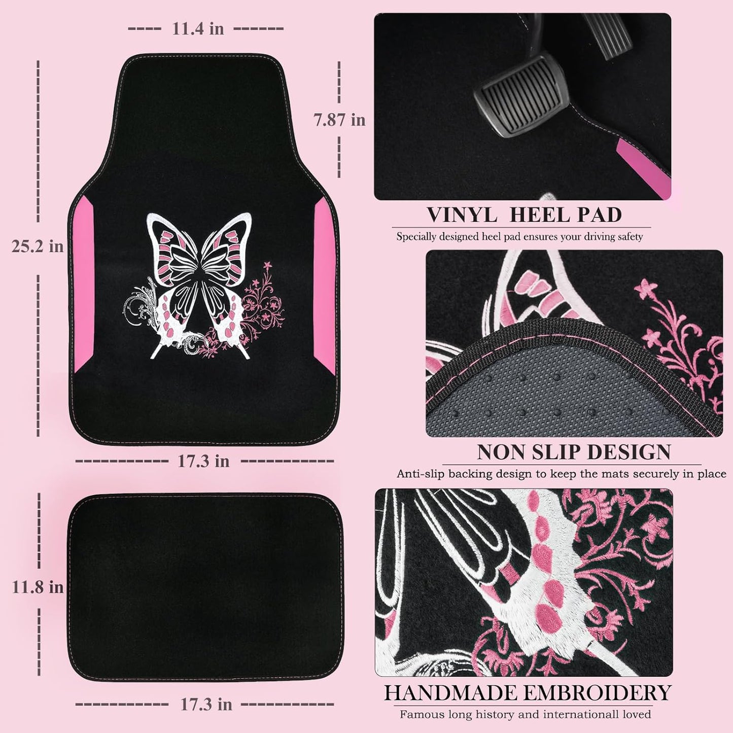 CAR PASS Pink Leather & Gaberdine Butterfly Car Seat Covers Full Set with Waterproof Car Floor Mats and Embroidered Butterflies Steering Wheel Cover for Interior Sets ((Black & Pink)