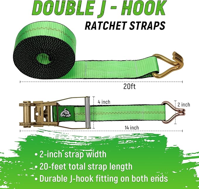 2"x20' Ratchet Straps with J Hooks - 10,000lb Break Strength/ 3,333lb Load Capacity Ratchet Tie Down Strap - Ratchet Straps Heavy Duty - Cargo Straps for Truck, Lawn Equipment, Car Roof, 4 Pack(Green)