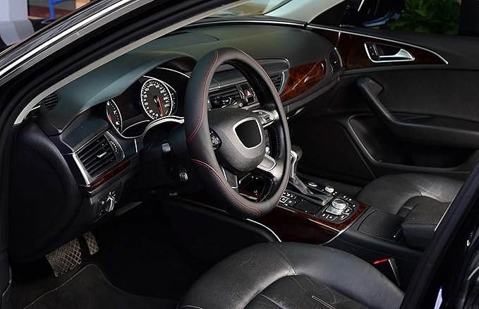 KAFEEK Microfiber Leather Steering Wheel Cover, Universal 15 inch, Red Lines