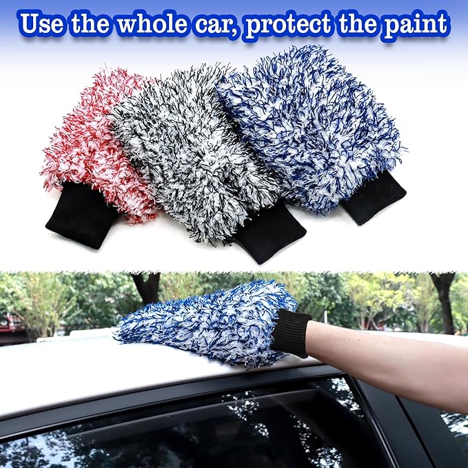 Microfiber Car Wash Mitt - 3 Pack Scratch Free Mitts with Blue, Red and Black, Machine Washable, Lint Free, 10 Inch X 8 Inch Glove