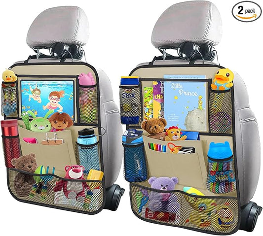 Car Backseat Organizer with 11" Table Holder, 10 Storage Pockets Seat Back Protectors Kick Mats for Kids Toddlers, Travel Accessories, 2 Pack, Beige