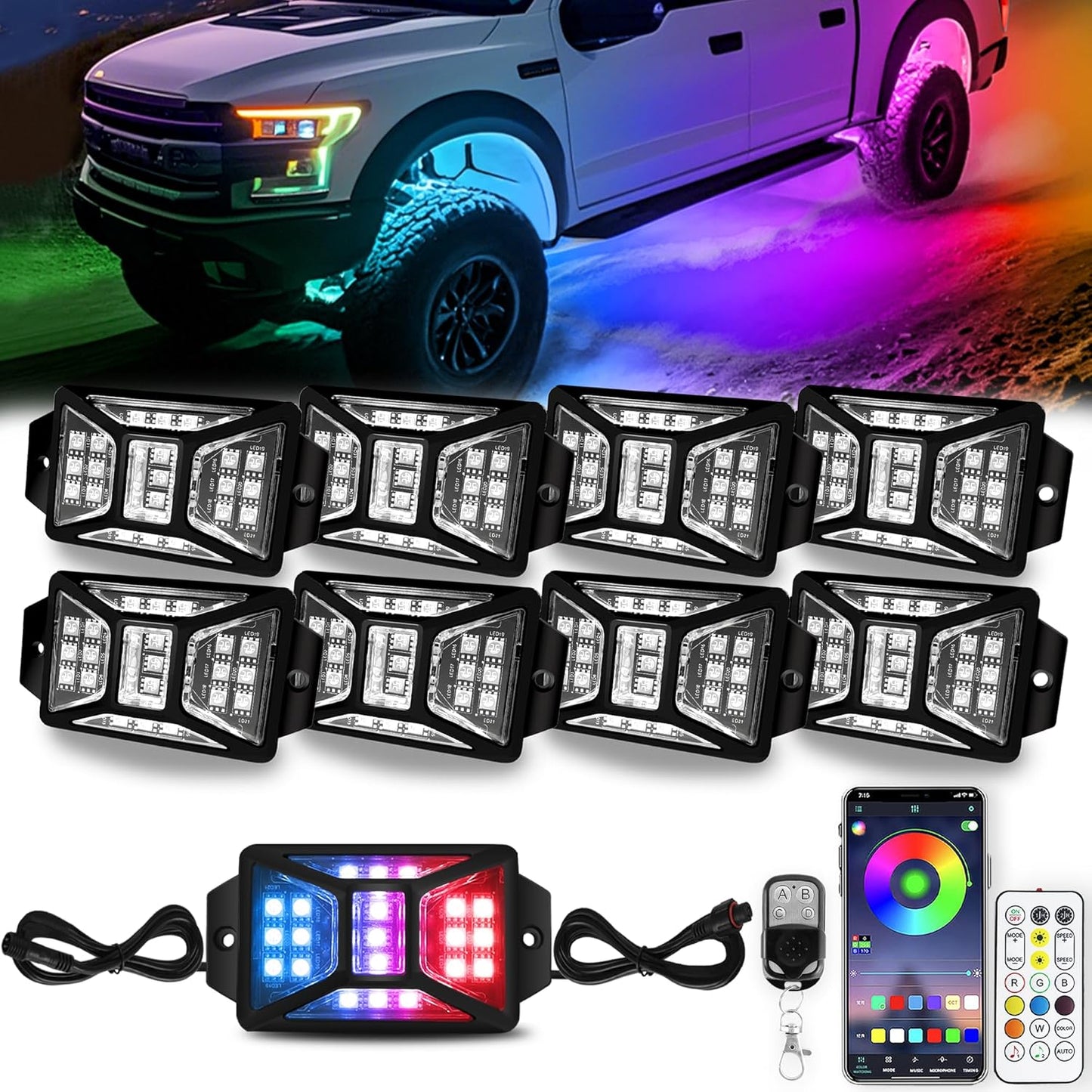 8 Pods 168 LEDs 5 Sides RGB Rock Lights, App/Remote Control Rock Lights for Trucks, Waterproof Multi-Color Bright Underglow Kits with Music Mode, Compatible with 12V Jeep UTV SUV ATV Golf RZR