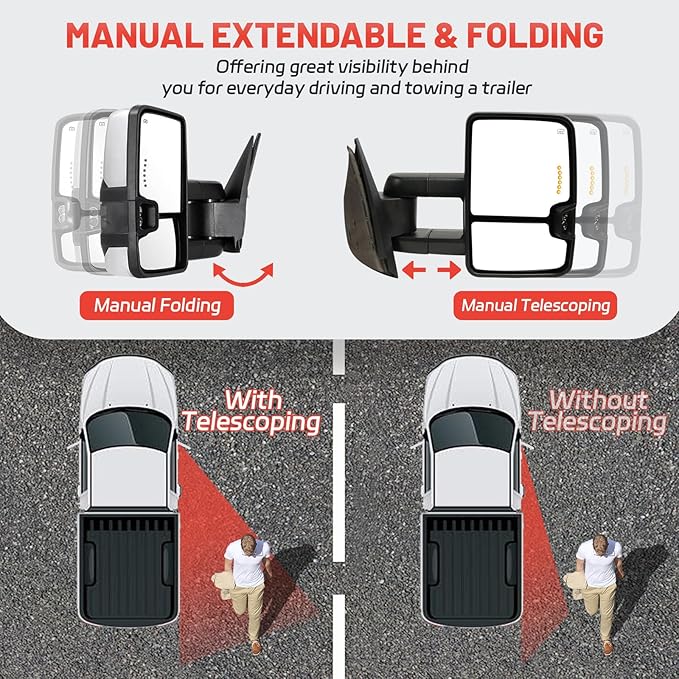 Towing Mirrors Compatible with 2007-2014 Chevy Silverado GMC Sierra 1500 2500 HD 3500 HD (07 Only for New Body) Chrome Power Heated Turn Signal Light Manual Folding Extendable Pair Set