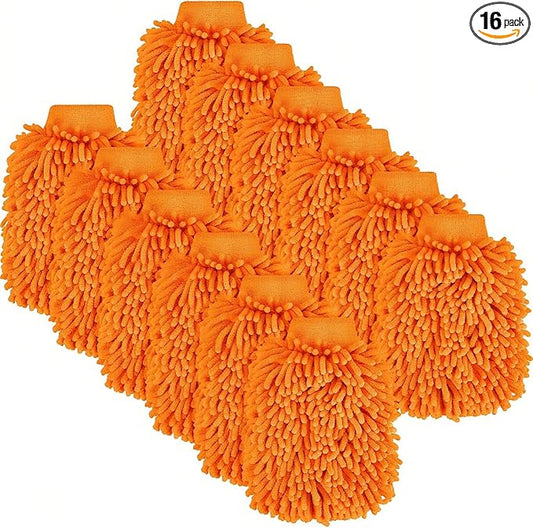Toulite 16 Pcs Car Wash Mitt Chenille Microfiber Wash Mitt Double Sided Glove Cleaning Drying Mitts(7.48 x 10.24 Inch,Orange)