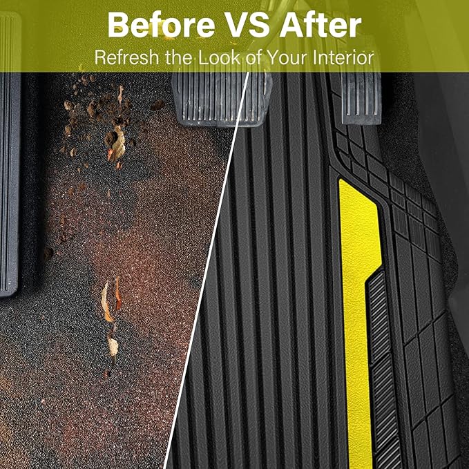 CAR PASS Yellow Car Mats Metallic, Aluminum Film All Weather Rubber Lemon Yellow car Floor Mats Waterproof Universal Trim to Fit SUV Sedan Van Truck 4 Piece Deep Dish Heavy Sporty Black Yellow Chrome