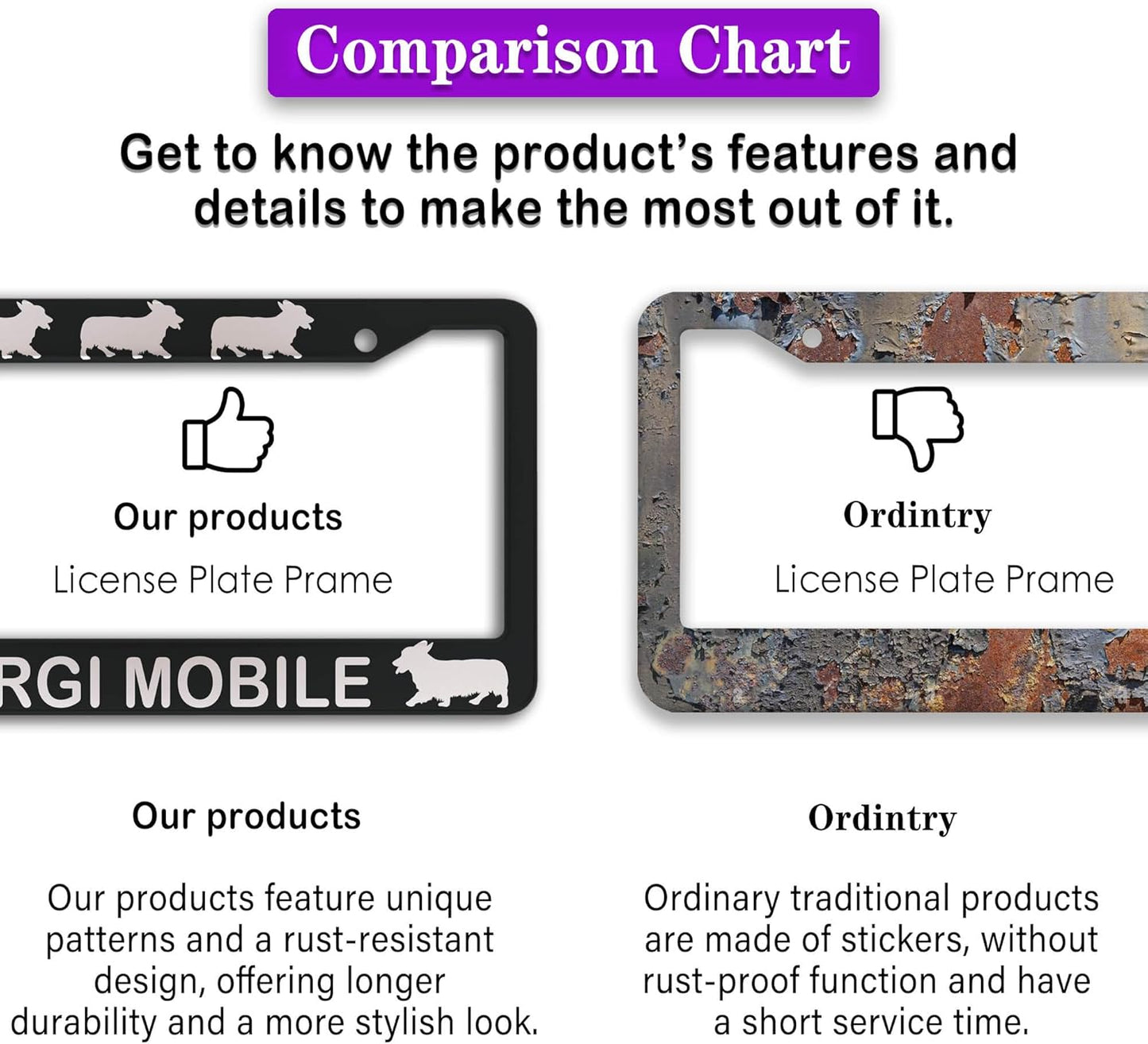 License Plate Frames for Women Black and White License Plate Frame for Men Corgi Mobile Aluminum Metal Car Accessory 2 Pack with Screw Covers Set