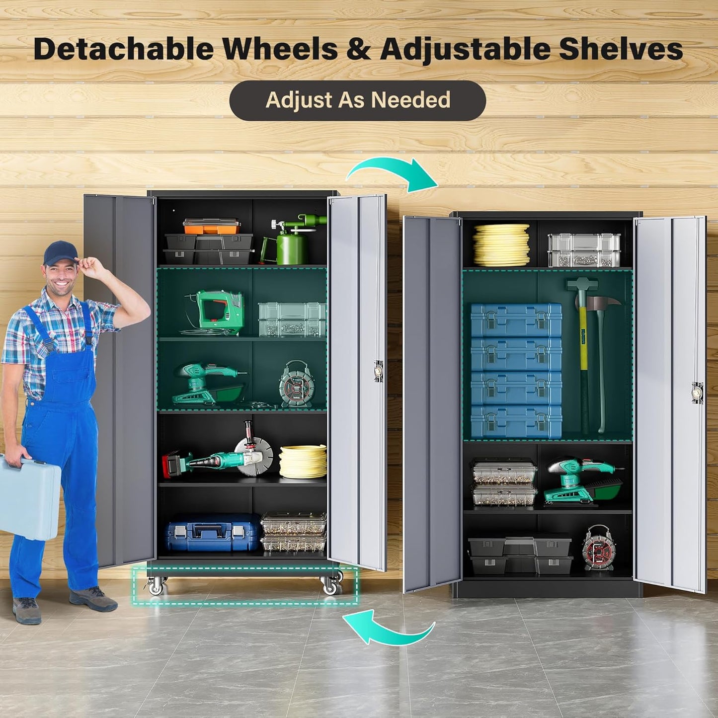 75" Tall Metal Storage Cabinet with Wheels,Rolling Garage Storage Cabinet with Lock,Gray Metal Cabinets with Wheels and Shelves,Tall Tool Cabinets on Wheel for Garage,Home,Office,Shop