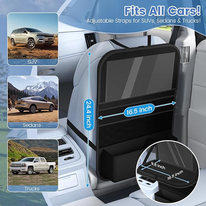 Car Backseat Organizer with table Tray, 9 Storage Pockets Backseat Car Organizer with Tablet Holder, Back seat Organizer for Kids Road Trip Essentials Travel (1Pack)