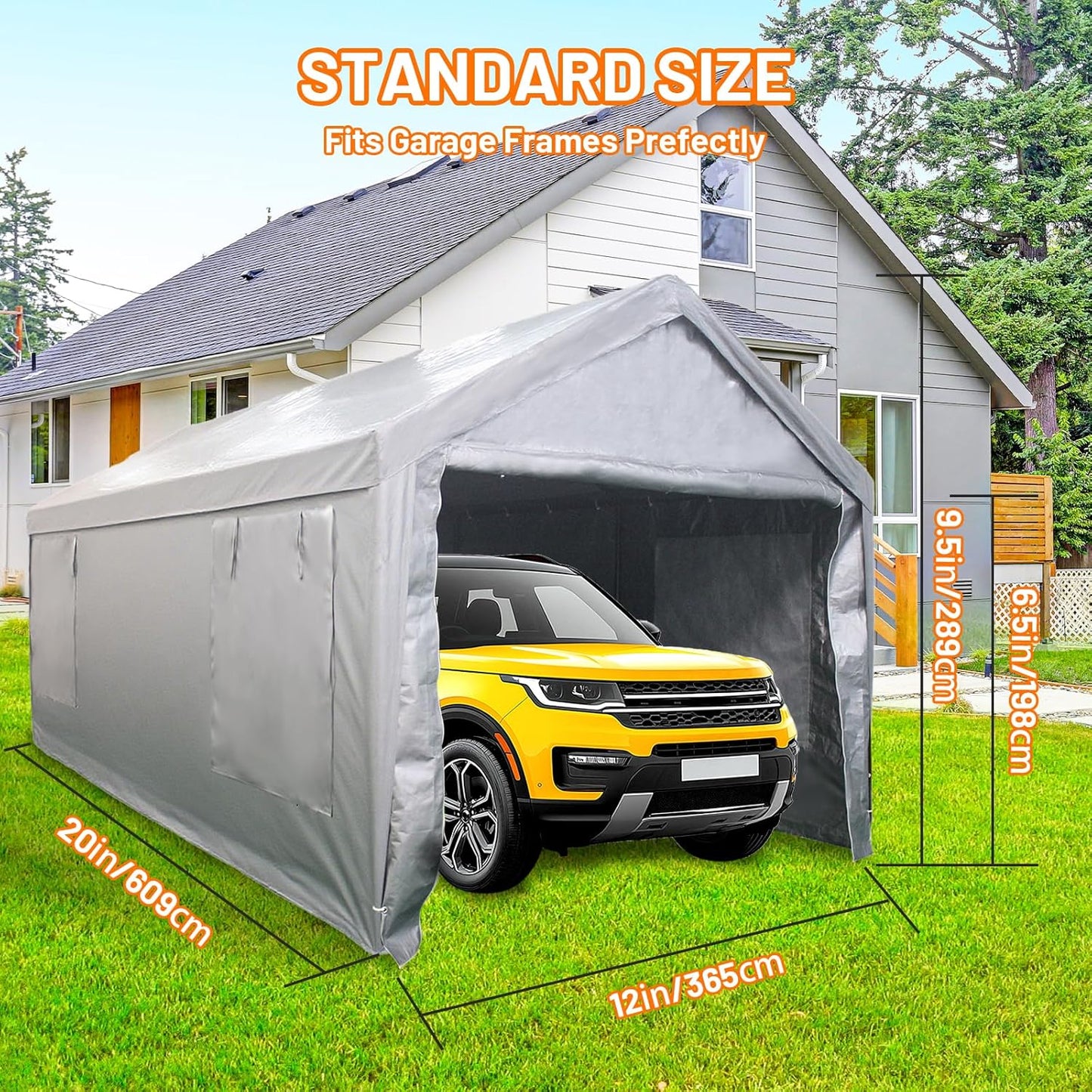 Auraway Carport 12'x20' All-Season Portable Garage Carport, Heavy-Duty Canopywith Roll-Up Vent Windows, Front and Rear Zip Doors, Sandbags, for Cars, Motorcycles and Outdoor Storage (Grey)