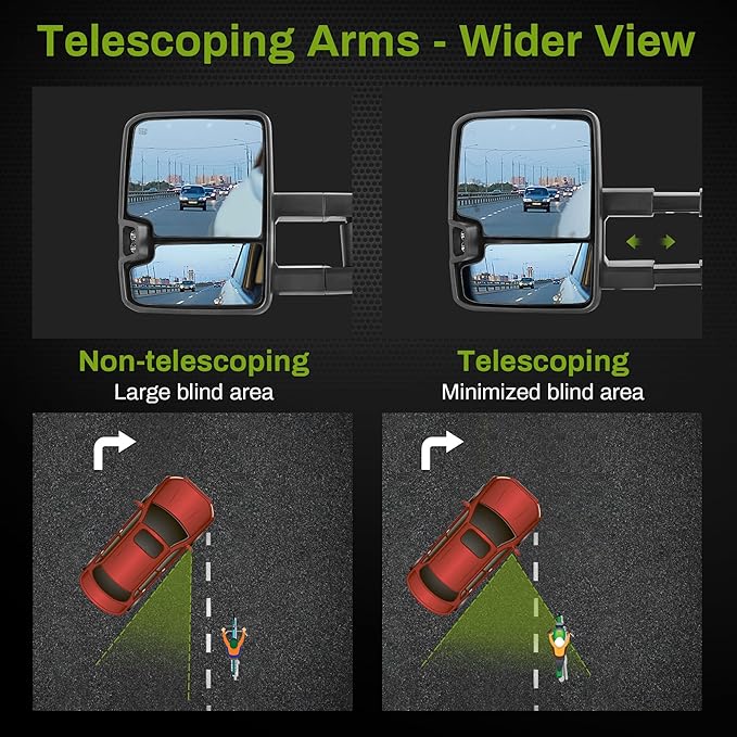 AUTOSAVER88 Towing Mirror Compatible with 2007-2014 Silverado Sierra 1500 2500 3500 HD/Avalanche/Suburban, Power Heated Switchback LED Turn Signal Light (Black inside) Manual Telescoping Folding