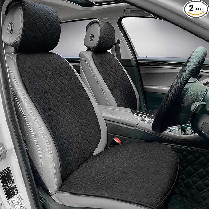 Linen Car Seat Covers Front Seat Covers Breathable Cloth Fabric Car Seat Protector - Universal Fit for Cars, Vans, SUVs, Trucks - 2 Units - Black